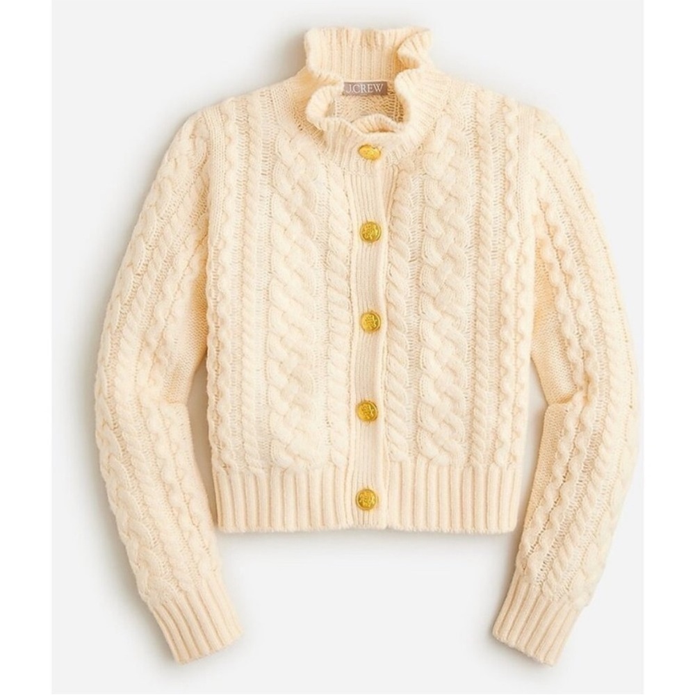 J.Crew Ruffleneck Cable Cardigan Sweater XXL White Cream BV351 Gold Buttons NWT - Picture 2 of 13